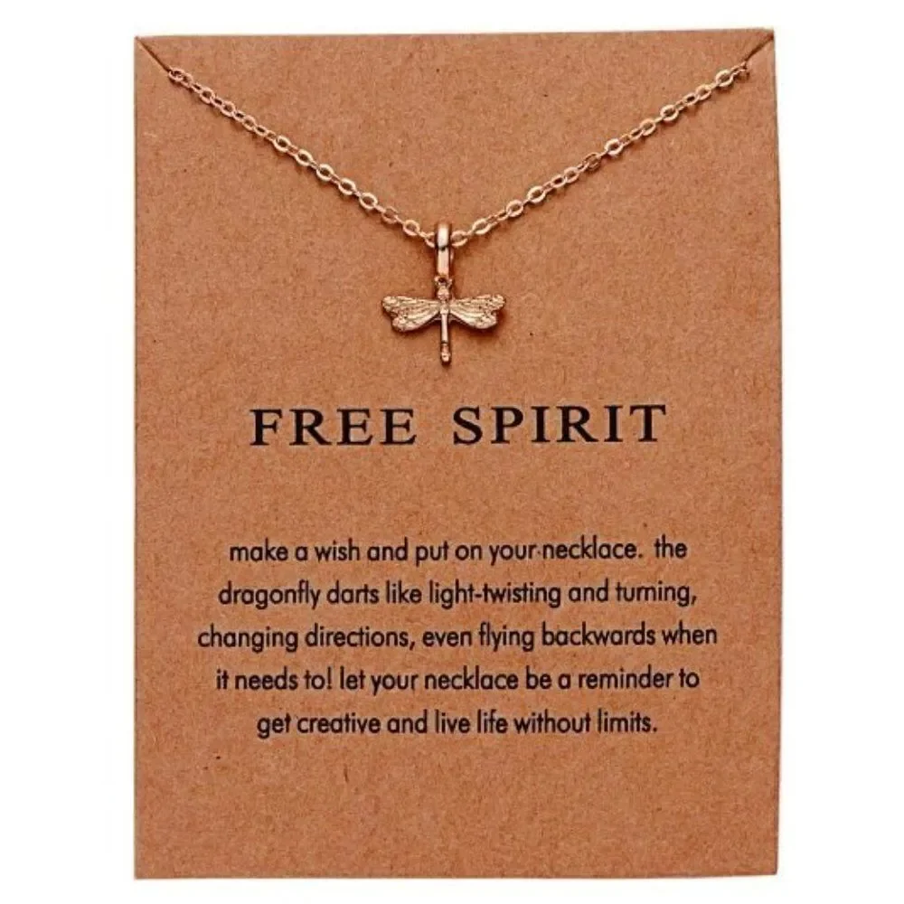 GOLD PLATED FREE SPIRIT DRAGONFLY PENDANT NECKLACE WITH INSPIRATIONAL CARD